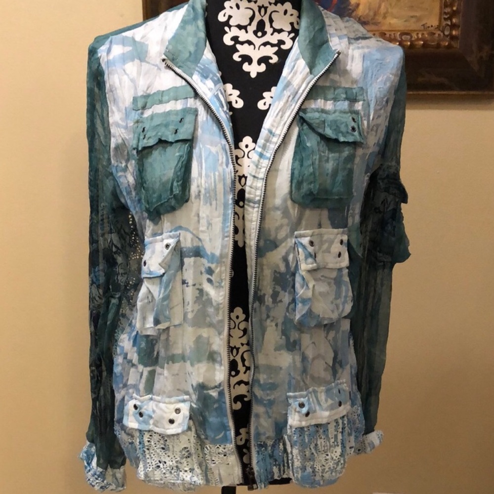 💙 Patchington bohemian mixed fabric zip up, utility style pockets jacket